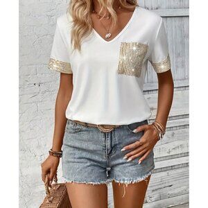 Sequined Patched Pocket T-shirt V Neck Short Sleeve Elegant Top